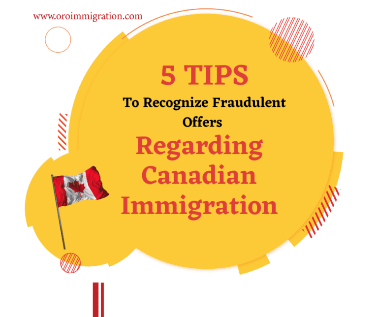Text titled "5 Tips To Recognize Fraudulent Offers" on yellow background - Immigration Advice