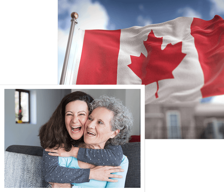 Happy mother reuniting with grandma under Canadian flag