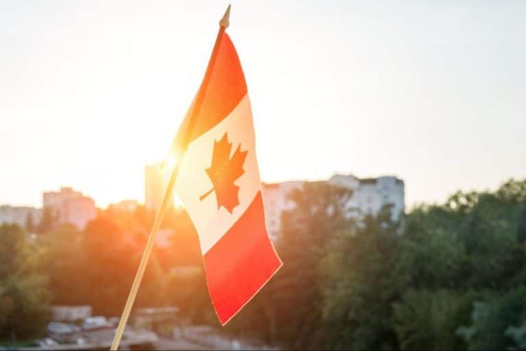 Canadian flag at sunset