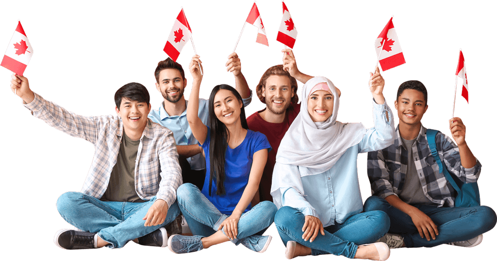 Group of young, multicultural immigrants holding Canadian flags
