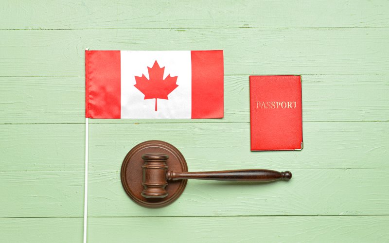 canadian flag judge gavel-passport-green wooden background