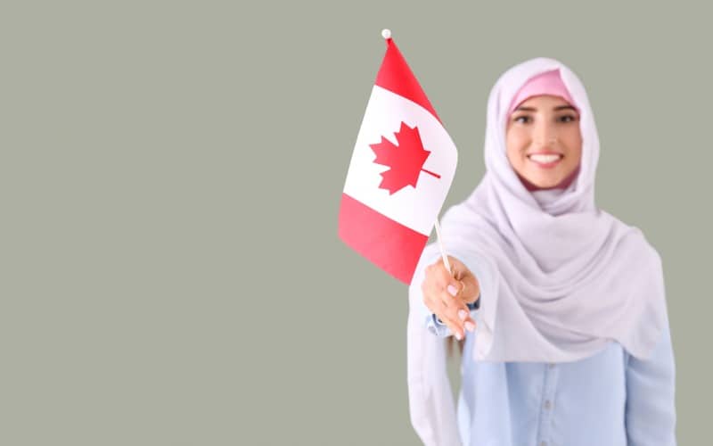 young muslim woman canadian-flag-grey background space text