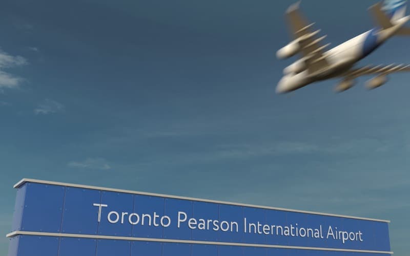 commercial airplane landing at-toronto-pearson international airport 3d-rendering